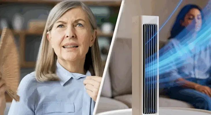Woman relaxing beside the Qinux BreezaMax personal cooler as it sends a cool blue stream of air toward her on a warm day
