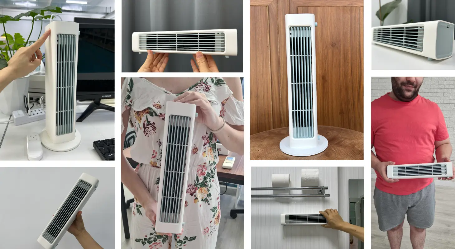 Collage of real Qinux BreezaMax owner photos showing the personal cooler on a desk, held in one hand, wall-mounted and used at home