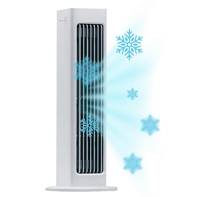 Qinux BreezaMax cordless bladeless personal air cooler official product shot: slim white tower blowing cool air with snowflake icons